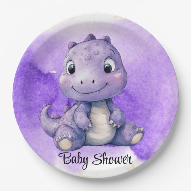 Lila Wasserfarbe Niedlich Dinosaur Girl Babydusche Pappteller (Vorderseite)