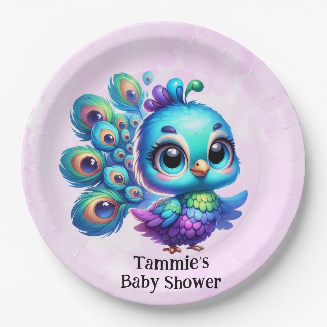 Lila Wasserfarbe Niedlich Peacock Girl Babydusche Pappteller (Vorderseite)