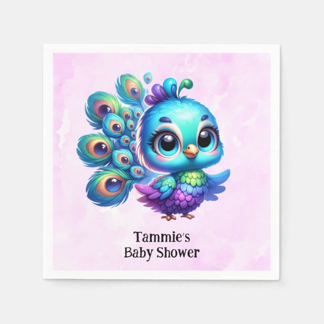 Lila Wasserfarbe Niedlich Peacock Girl Babydusche Serviette (Vorderseite)