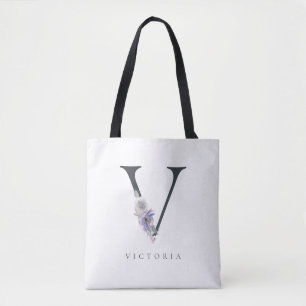 Lila Wasserfarbe V Monogramm Floral Totbeutel Tasche