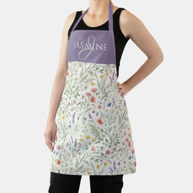 Lila Wasserfarbe Wildblumen Boho Monogramm Name Schürze (InSitu)