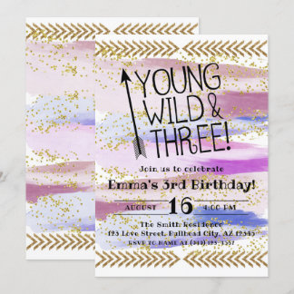 Lila Wasserfarbe Young Wild & Three 3. Geburtstag Einladung