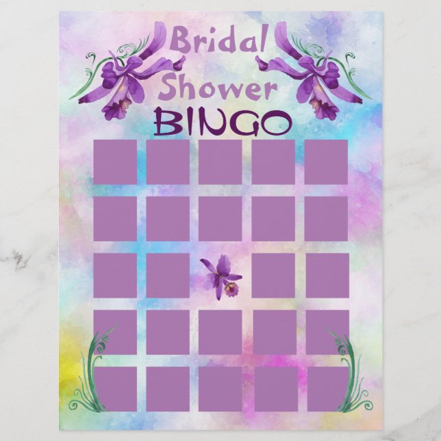 Lila Wasserfarben Orchideen Brautparty Bingo Flyer (Vorne)