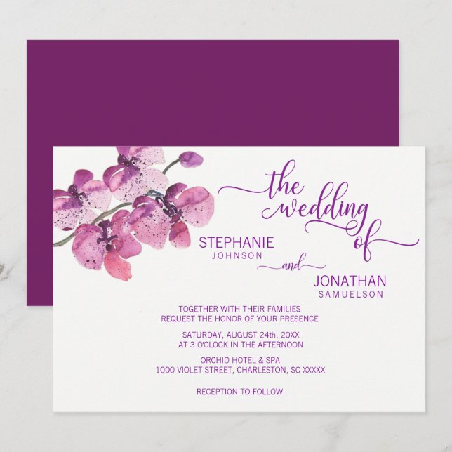 Lila Wasserfarben Orchideen Hochzeit Einladung (Vorne/Hinten)