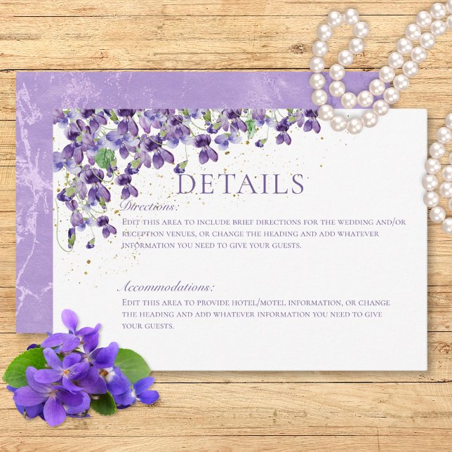 Lila Wasserfarben-Violetten Hochzeitsdetails Begleitkarte (Purple Watercolor Violets Wedding Details Enclosure Card)