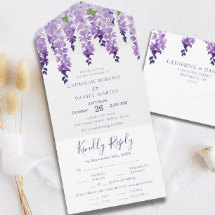 Lila Wasserfarben-Wisteria-Hochzeit All In One Einladung
