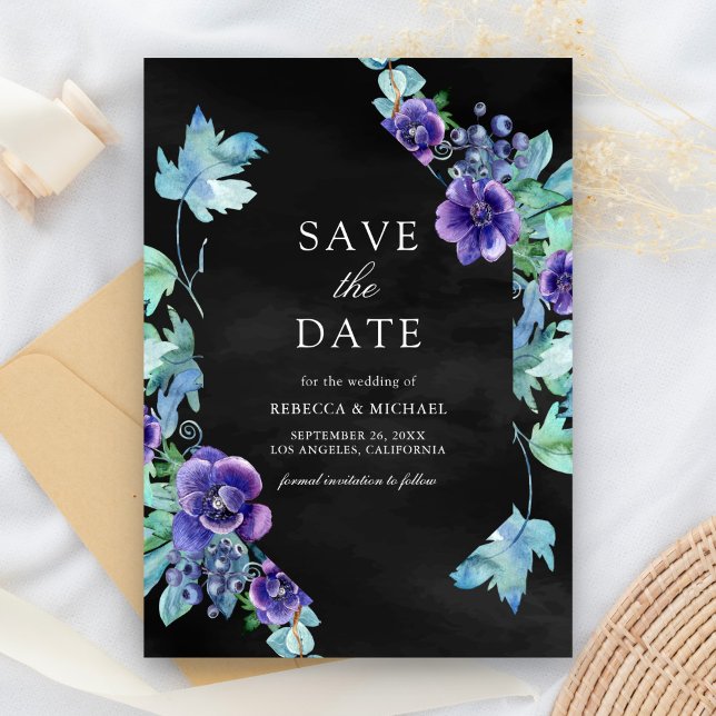 Lila Wasserfarbenanemones Schwarze Hochzeit Save The Date (Von Creator hochgeladen)