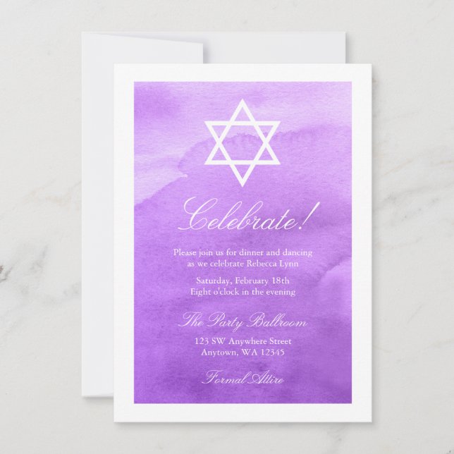 Lila Wasserfarbenbad Mitzvah Empfang Einladung (Vorderseite)