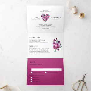 Lila Wasserfarbenherz Bouquet Wedding Dreifach Gefaltete Einladung