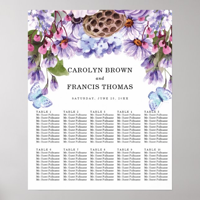 Lila Wasserfarbenhochzeit | Sitzkarten Poster (Vorne)