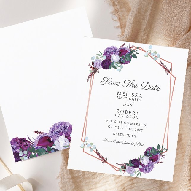 Lila Wasserfarbensehen speichern das Datum (Budget Purple Floral Rose Gold Save the Date)