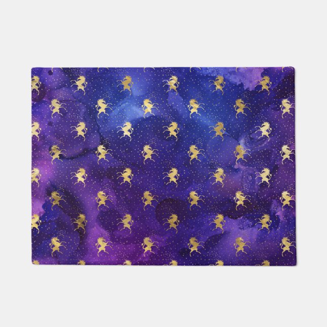 Lila Wasserfarbmuster mit Goldenem Einhorn Fußmatte (Vorderseite)