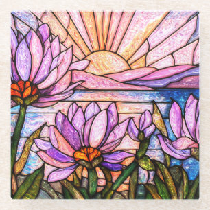 Lila Wasserlilie Faux-Buntglas Sonnenstrahl Sonne Glasuntersetzer