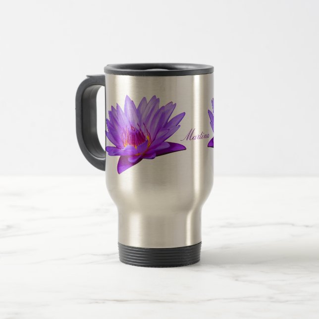 Lila Wasserlilie Reisebecher (Vorderseite Links)