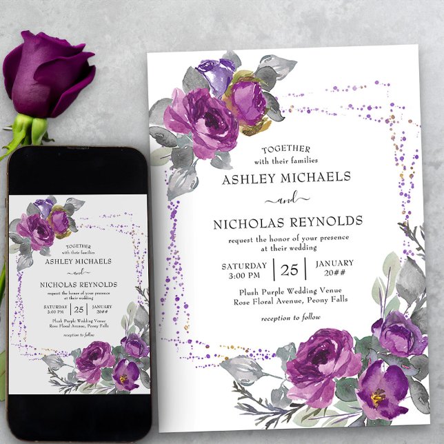 Lila Watercolor Floral Confetti Frame Wedding Einladung (Elegant purple floral wedding invitation from my Plush Purple Wedding Collection)