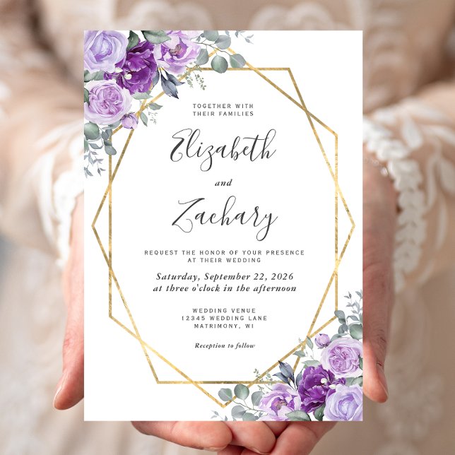 Lila Watercolor Floral Gold Rahmen Hochzeit Einladung (Von Creator hochgeladen)