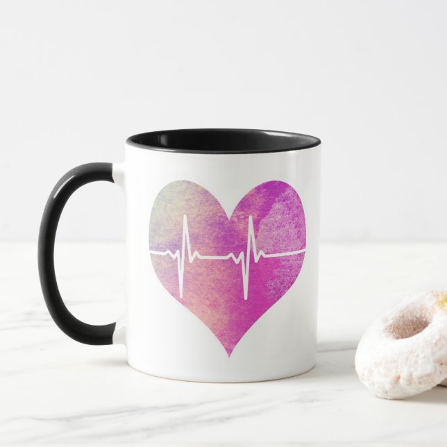 Lila Watercolor-Herz EKG Tasse (Mit Donut)
