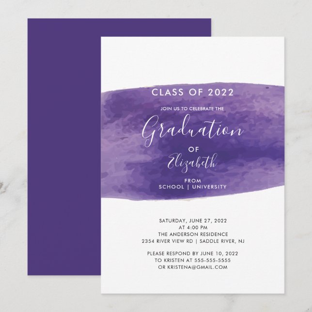 Lila Watercolor Wash Graduation Party - Einladung (Vorne/Hinten)