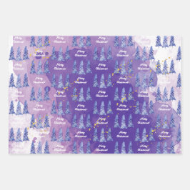 Lila Weihnachtsbaum Golden Snowflakes Geschenkpapier Set