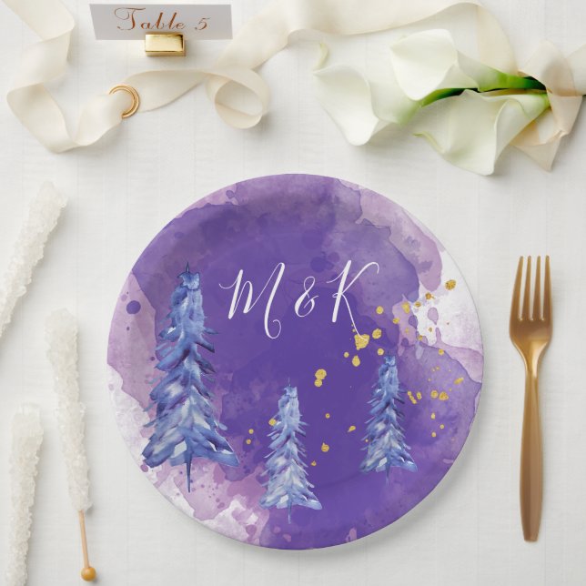 Lila Weihnachtsbaum Golden Snowflakes Pappteller (Hochzeit)