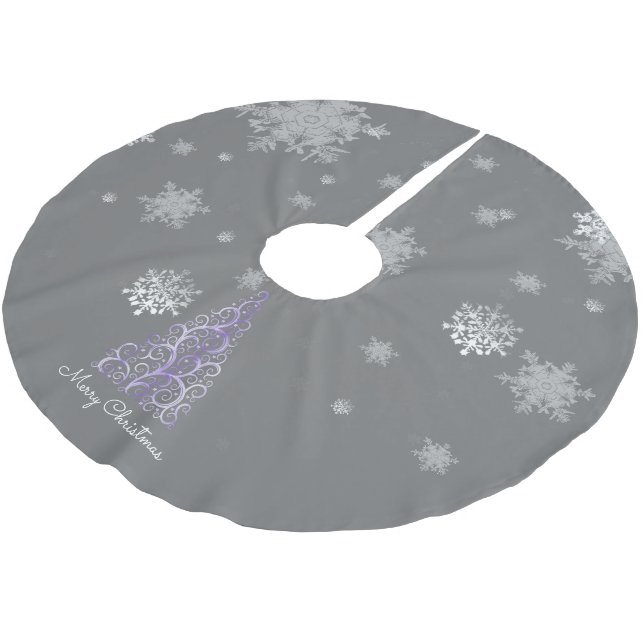 Lila Weihnachtsbaum und Schneeflocken Baumrock Polyester Weihnachtsbaumdecke (Schrägansicht)
