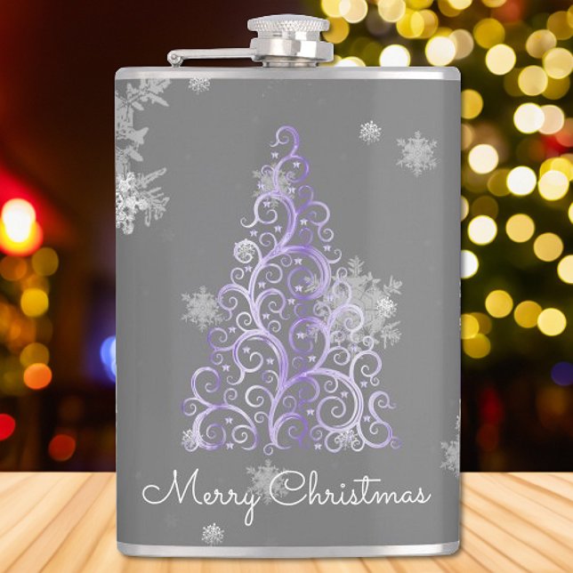 Lila Weihnachtsbaum und Schneeflocken Flachmann (Purple Christmas Tree and Snowflakes Flask)