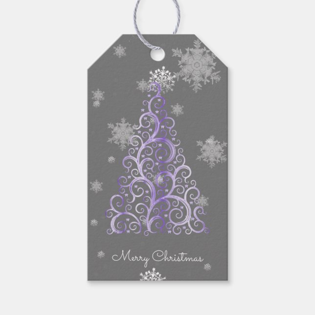 Lila Weihnachtsbaum und Schneeflocken Geschenkanhänger (Vorderseite)