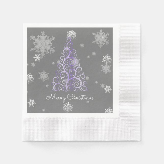Lila Weihnachtsbaum und Schneeflocken Papier Napki Serviette (Vorderseite)