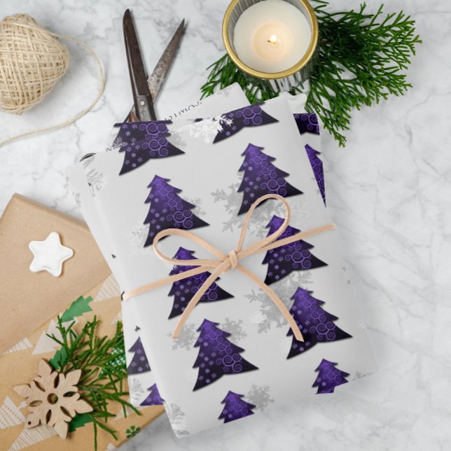 Lila Weihnachtsbaumwrapppapier Geschenkpapier Set (Purple Festive Christmas Tree Wrapping Paper Sheets)
