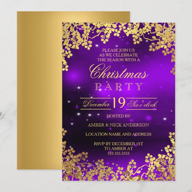 Lila Weihnachtsfeiertage in Goldkruste Party Einla Einladung (Vorne/Hinten)