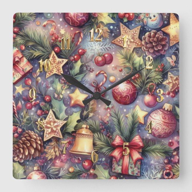 Lila Weihnachtsmotive Quadratische Wanduhr (Vorderseite)