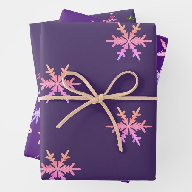 Lila Weihnachtsschneeflocken Star Xmas Tree Geschenkpapier Set (Beispiel)