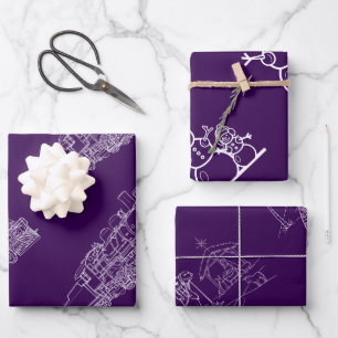 Lila Weihnachtszug, Kamele, Schneemänner Geschenkpapier Set