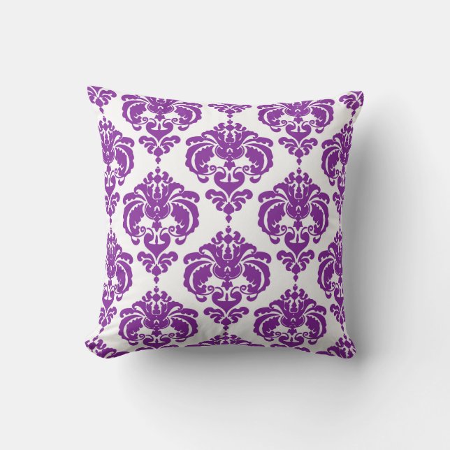 Lila & weiß Damask Modernes, elegantes Muster Kissen (Vorderseite)