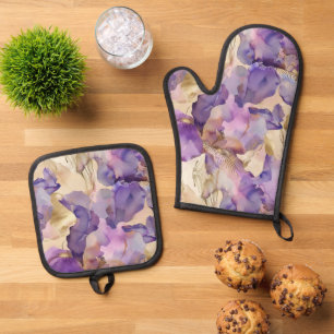 Lila Weiß Gold Iris Blumen Abstract Ofenhandschuh & Topflappen-Set