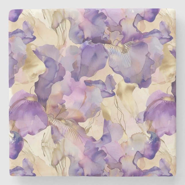 Lila Weiß Gold Iris Blumen Abstract Steinuntersetzer (Vorderseite)