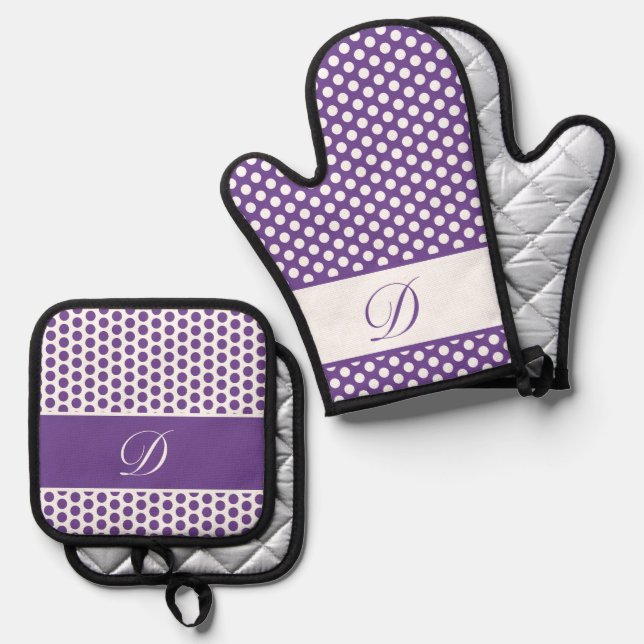 Lila-weiß-Mit Monogramm-Polka-Dot Ofenhandschuh & Topflappen-Set (Vorderseite/Rückseite)