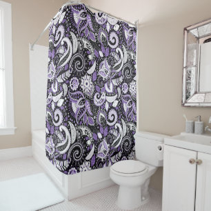 Lila Weiß Schwarz Paisley-Druckmuster Duschvorhang