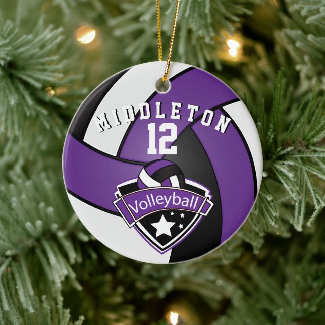 Lila, weiß und schwarz personalisieren Volleyball- Keramik Ornament (Baum)