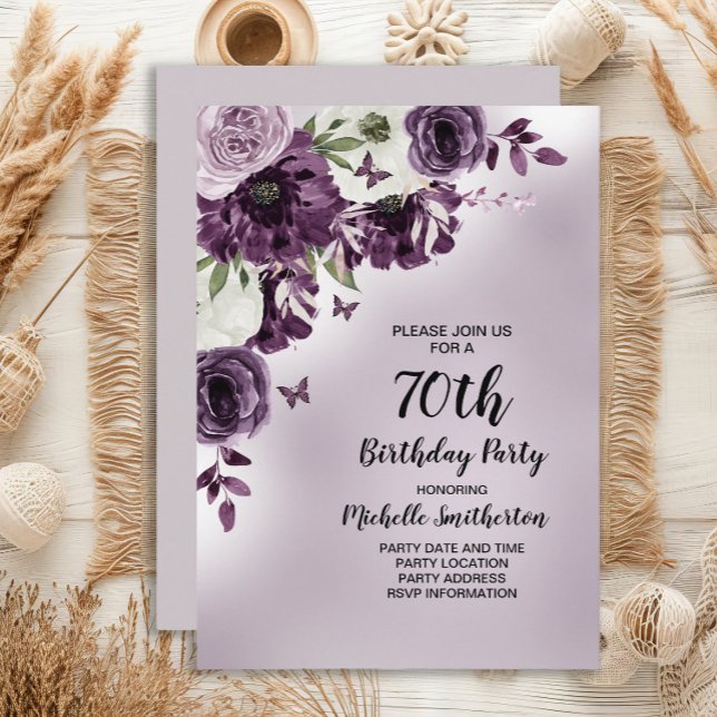 Lila weiße Blume Schmetterlinge 70. Geburtstag Einladung (Purple watercolor floral and butterflies women's 70th birthday party invitation)