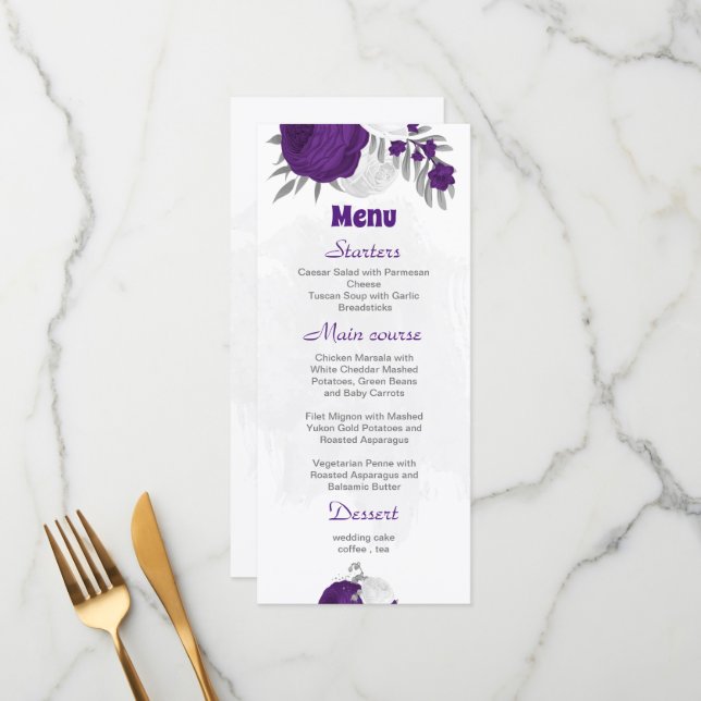 lila weiße Blume Silberbotanisches Hochzeitsmenü Menükarte (Vorderseite/Rückseite Beispiel)