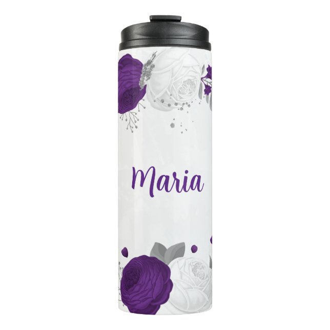 lila weiße Blume Thermosbecher (Vorderseite)