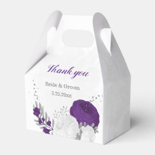 lila weiße Blumen silber botanische Hochzeit Geschenkschachtel