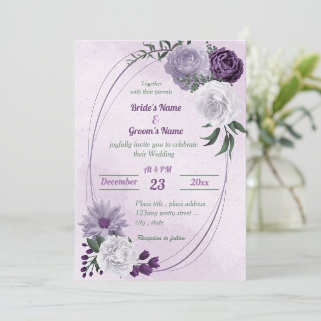 lila-weiße Blumengrün geometrische Hochzeit Einladung (Stehend Vorderseite)