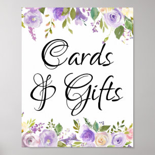 Lila weiße Blumenkarten und Geschenkschild Poster