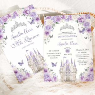 Lila weiße Blumenprinzessin Schloss Quinceañera XV Einladung