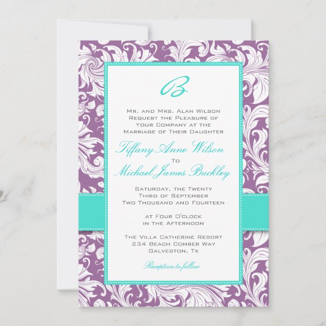 Lila weiße Damasttürkis-Hochzeitseinladung Einladung (Vorderseite)