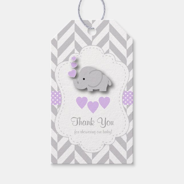 Lila, weiße Elephant Babydusche Danke Geschenkanhänger (Vorderseite)