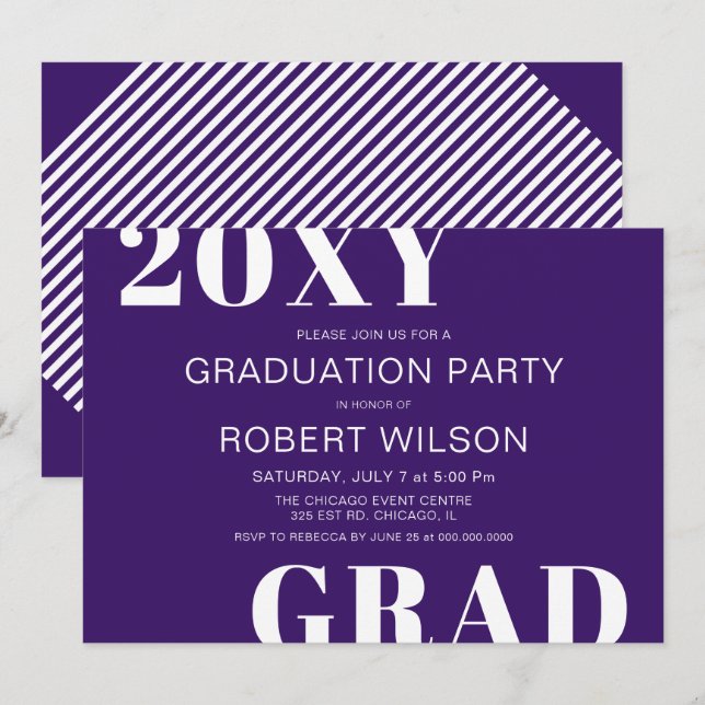 Lila Weiße Fett-Typografie-Graduierungspartei Einladung (Vorne/Hinten)
