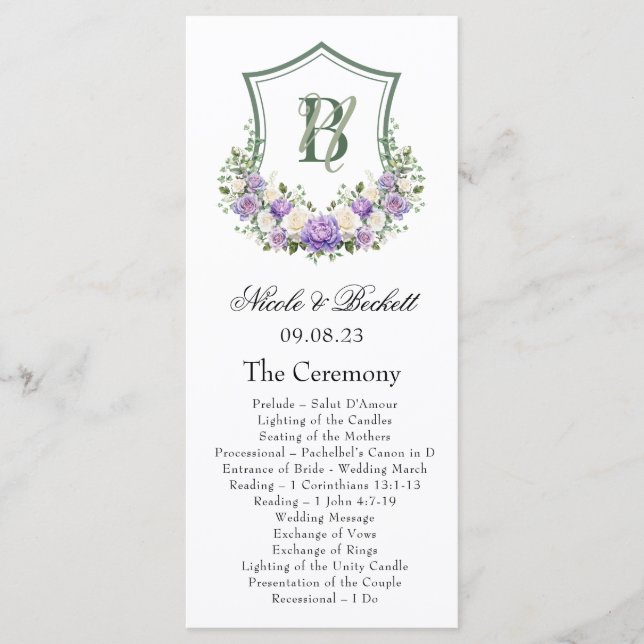 Lila Weiße Florale Wappen Hochzeitsprogramm Programm (Vorderseite)